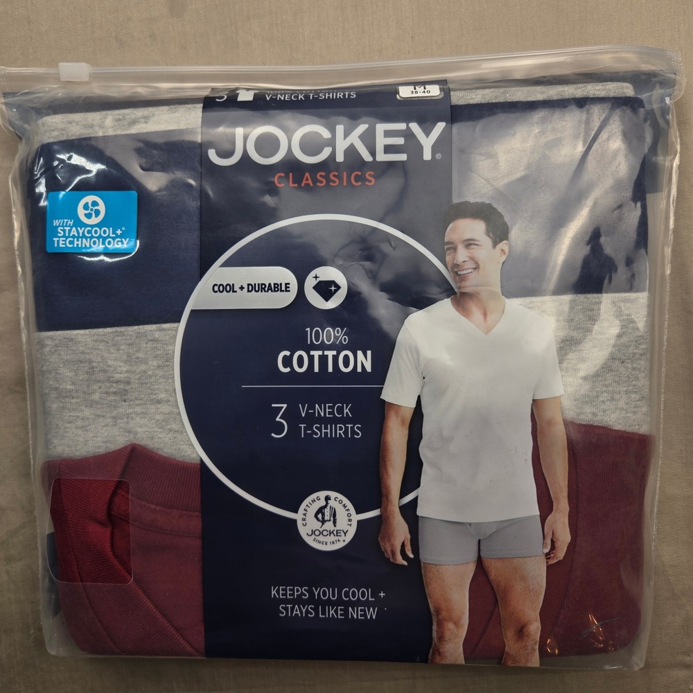 Jockey Classics Mens 3 Pack V-Neck T-Shirts Medium StayCool Cotton Blue Grey Red